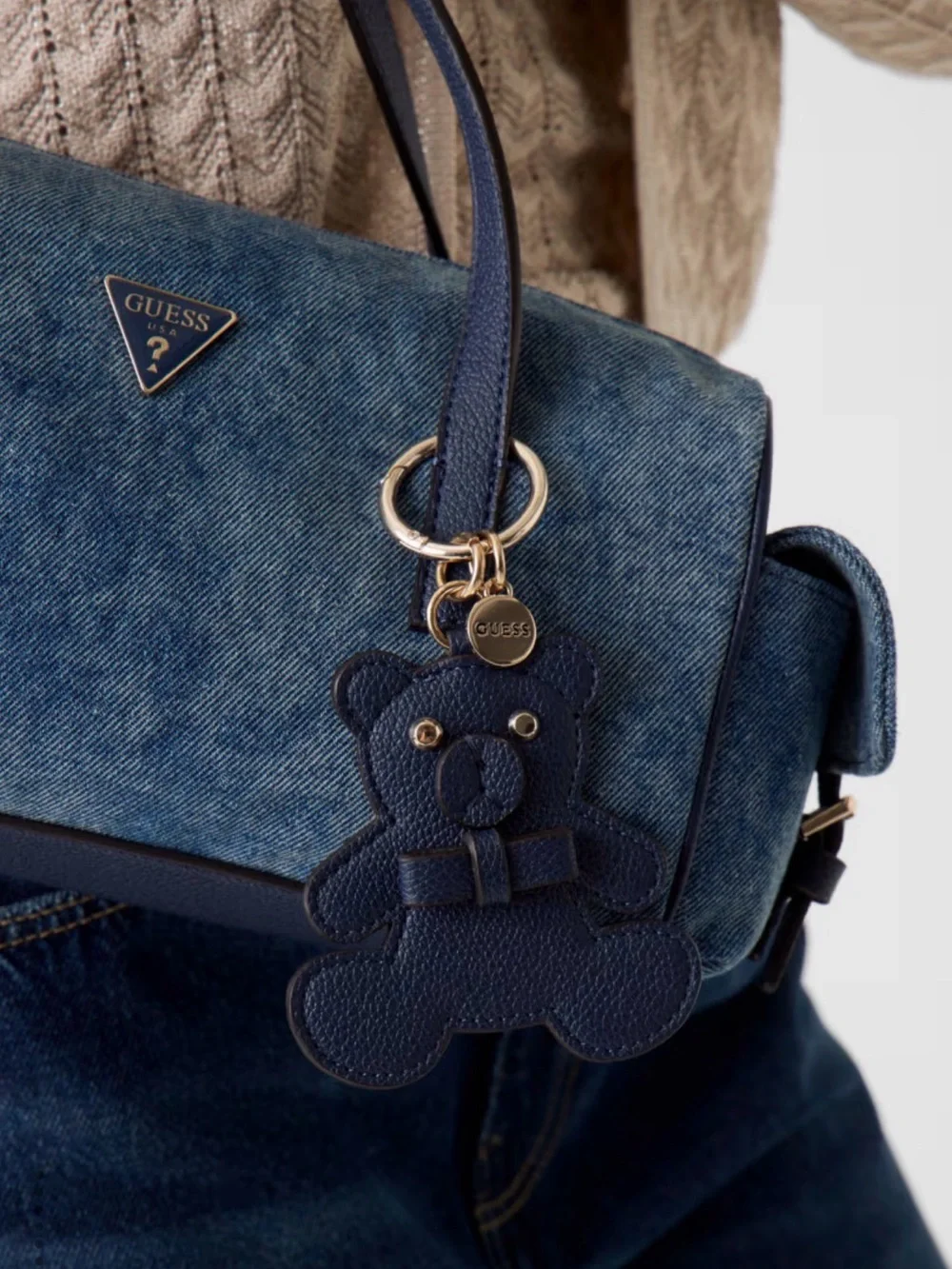 GUESS Navy Denim Barrel Satchel with Teddy Charm